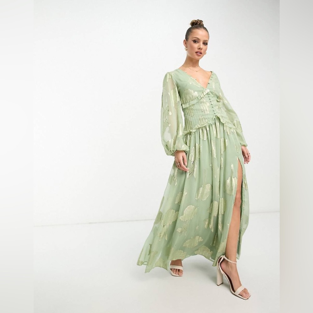 ASOS DESIGN button through pintuck maxi dress in sage metallic jacquard floral